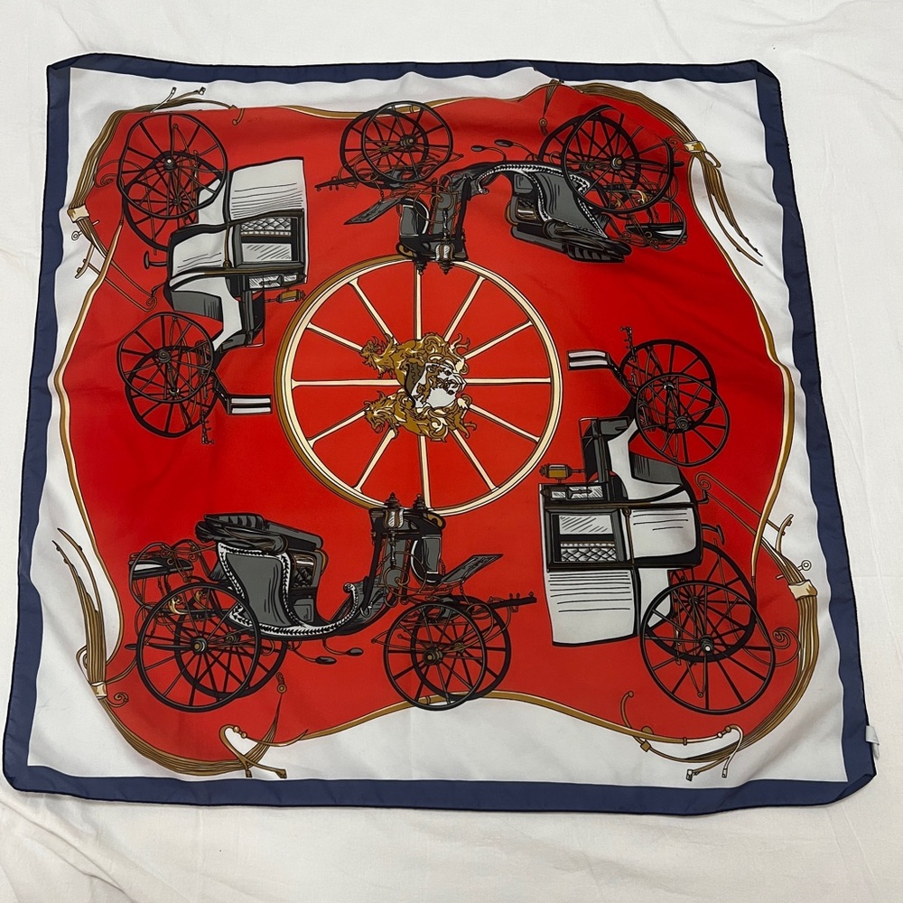 Vintage Red Carriage Print Silk Scarf with Navy Border